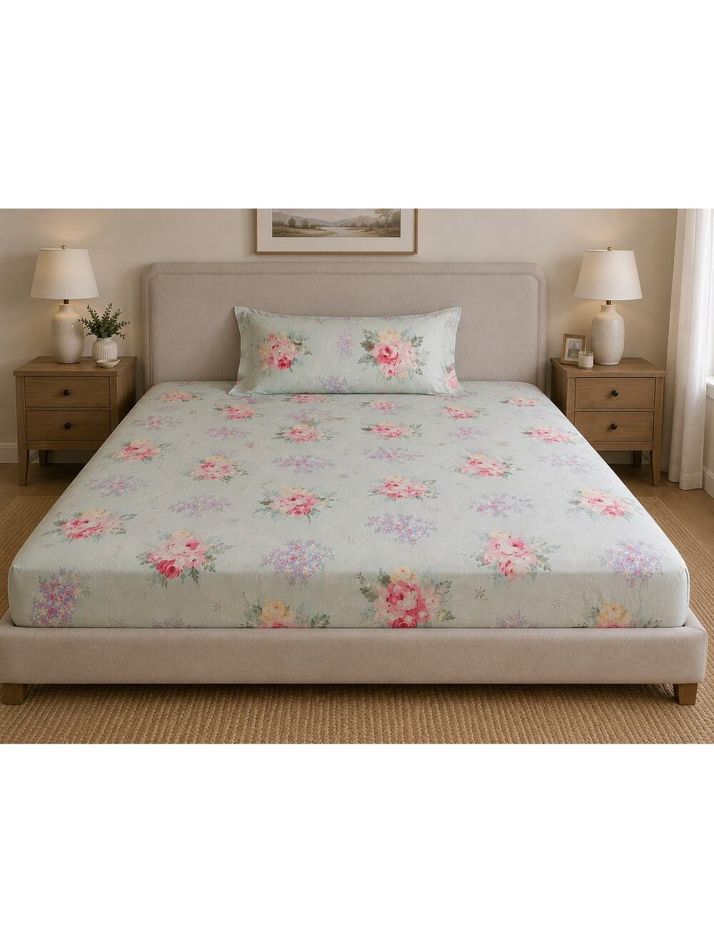 Ralph Lauren Floral Sheet Set in Light Green with Pink Roses